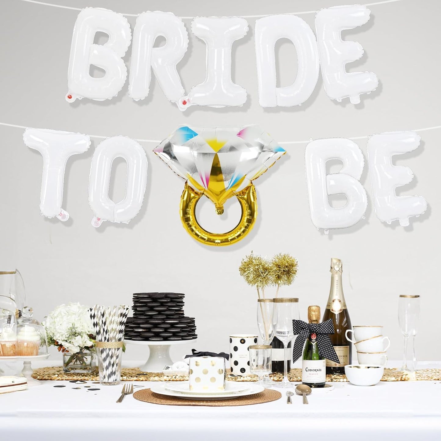 Bachelorette Party Decorations, White Bride To Be Bridal Shower Letter Balloons Banner with Diamond Ring Mylar Foil Balloon for Engagement Wedding Photo Booth Hen Night Room Party Decor