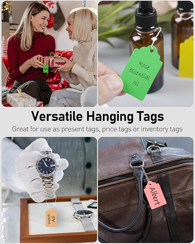 Uniclife 200 Pcs Price Tags with String Attached 1.8 Inch Writable Colored Hang Tag String Tags for Pricing Clothing Jewelry Price Display Labels Blank Merchandise Marking Paper Tag, 1.8" x 1"