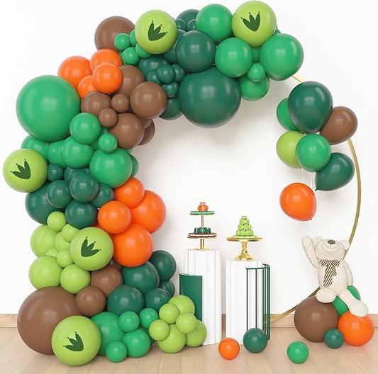 Amandir 153pcs Dinosaur Balloons Arch Garland Kit, Different Sizes 18 12 10 5 inch Dark Green Brown Orange Printed Dino Balloons for Boys Jungle Safari Dinosaur Birthday Party Baby Shower Decorations