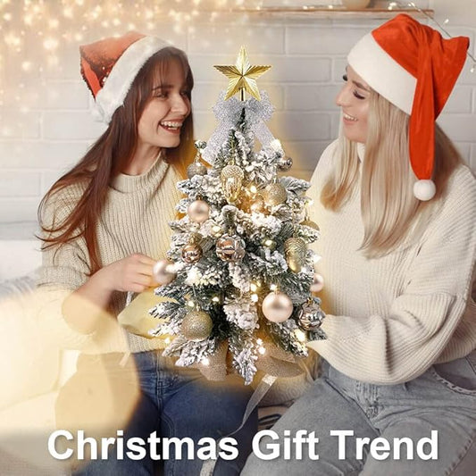 Small Christmas Tree with Light for Table Top, Mini Tabletop Christmas Tree with Decoration, 2FT Pre-lit Artificial Flocked Christmas Tree for Home, Office, Desk, Gold
