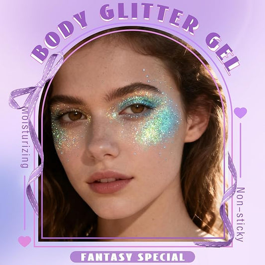HOSAILY Roll-on Holographic Body Glitter Gel for Face Hair, Chamaleon Light Blue Color Changing Face Paint Glitter Mermaid Makeup, Chunky Sequins Festival Party Rave Accessories Shimmer Makeup