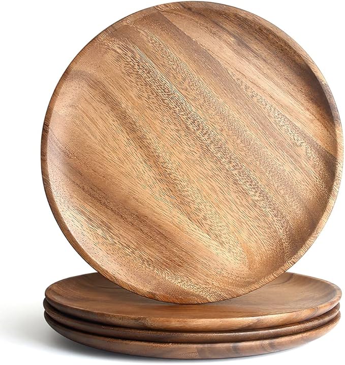 IQCWOOD Wooden Dinner Plates, 11 Inch Round Wood Dinner Plates Set of 4, Acacia Wooden Plates Round Tray Serving Platter for Food Sandwich Dessert Snack Plates
