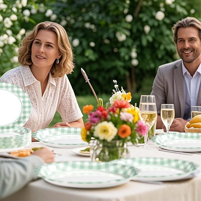 Grencian 50 Pcs Gingham Party Supplies 10"x12" Large Sage Green Gingham Oval Plates Disposable Heavy Duty Green and White Checkered Plaid Paper Plates for Baby Shower Picnic BBQ Birthday Wedding Bride