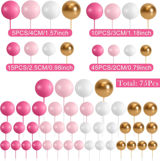 75 Pieces Cake Balls Topper Decorations Foam Cupcake Topper Mini Balloon Cake Topper Balls Cake Picks for Cake Deco Birthday Party Wedding(Rose Pink, Pink, Gold, White)
