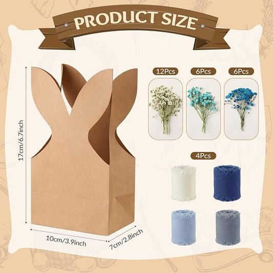 Affrolling 24 Set Boho Bow Easter Bunny Party Favor Bags DIY Bunny Gift Boxes with Neutral Bow Ribbon and Dried Flowers Rustic Paper Rabbit Ears Treat Bags Bulk for Easter Spring (Dirty Blue)