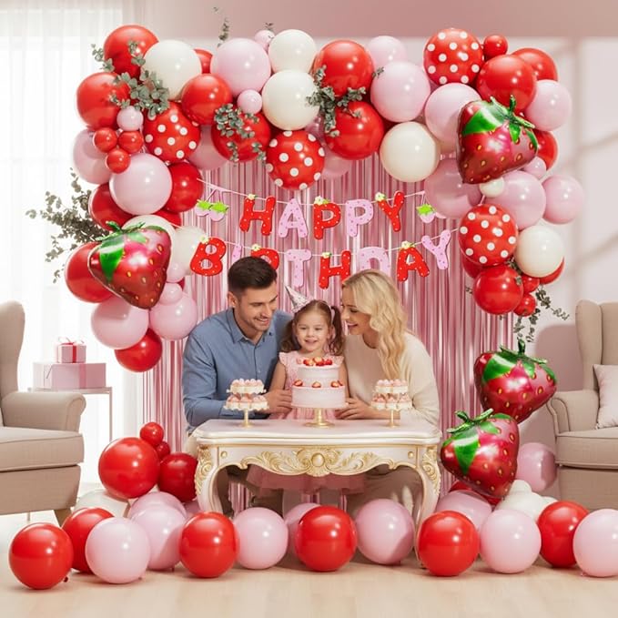 Strawberry Birthday Party Decorations 101pcs, Red Pink Red white Strawberry Balloons with Pink Fringe Curtain Happy Birthday Banner for Sweet Girl Berry First Birthday Baby Shower Party Decor