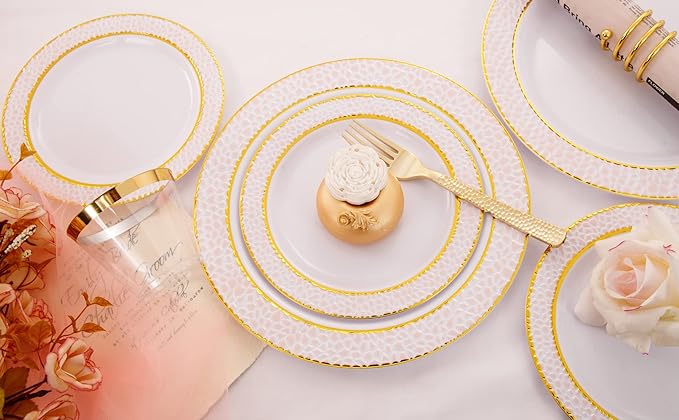 Ciaell 150PCS Pink Plastic Plates – Disposable Pink and Gold Plates Set include 50Plates, 25Forks, 25Knives, 25Spoons, 25Cups for Wedding & Party & Easter