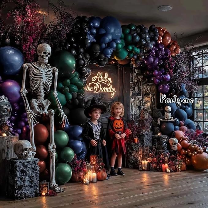 Halloween Balloon Arch Kit – Dark Green, Navy, Burgundy & Purple Double-Stuffed Garland for a Witch, Gothic & Spooky Party