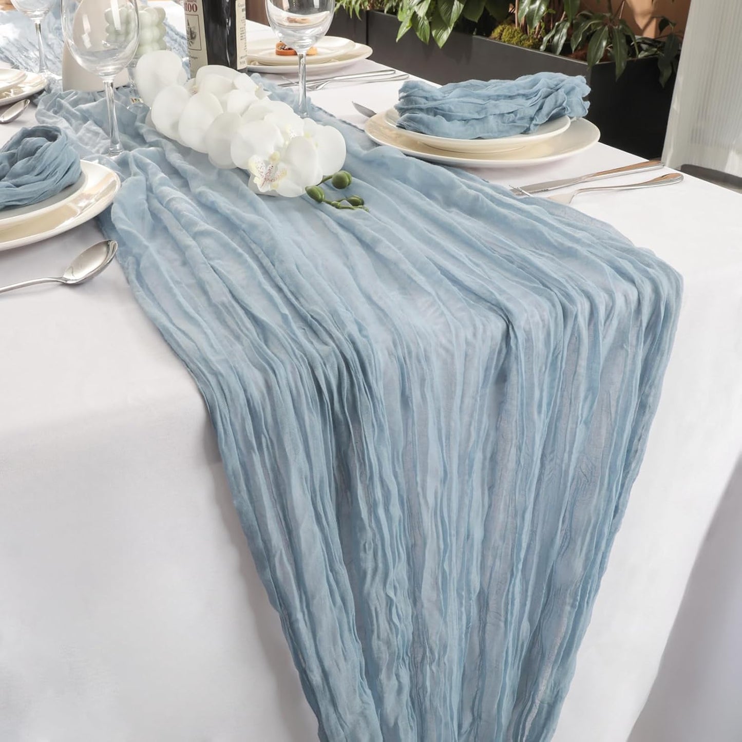 NESCCI 2 PCS Dusty Blue Table Runner,Rustic Boho Cheesecloth Table Runner,35x120 Inches Dusty Blue Runners for Tables, Pefect for Mothers Day Wedding Baby Shower Birthday Party Home Decorations