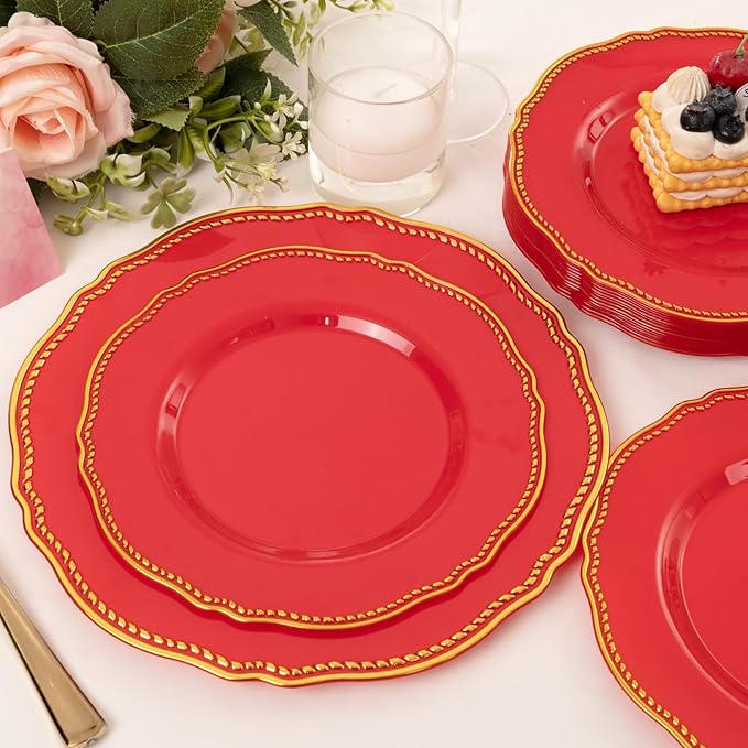 Hioasis 60pcs Red Plastic Plates - Red and Gold Disposable Dinnerware with Gold Rim, Heavy-duty, 7.5 inch, Dessert Plates for Party & Christmas