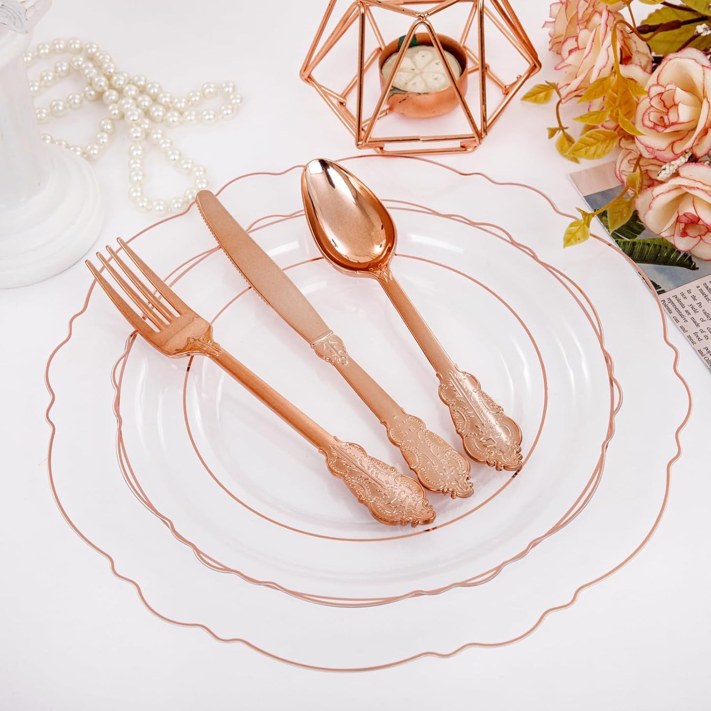 WDF 100pcs Rose Gold Plates Plastic Disposable - Baroque Clear and Rose Gold Plates for Parties or Weddings including 50PCS Dinner Plates 10.25’’ and 50PCS Salad Plates 7.5’’
