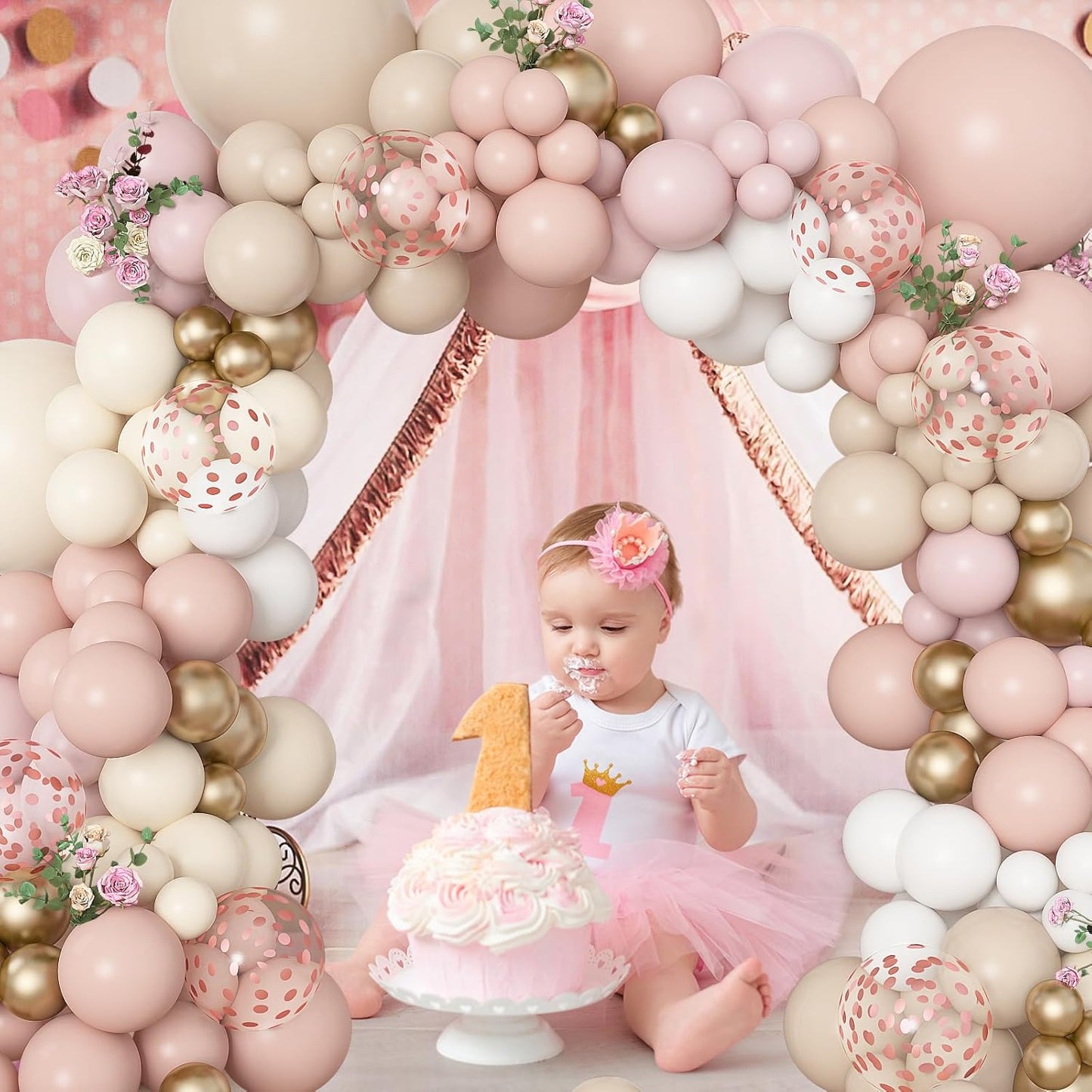 Amandir 173Pcs Boho Dusty Pink Balloon Arch Garland Kit, Neutral Baby Pink Ivory White Sand Nude Rose Gold Confetti Balloons for Girl Baby Shower Gender Reveal Wedding Birthday Party Decorations
