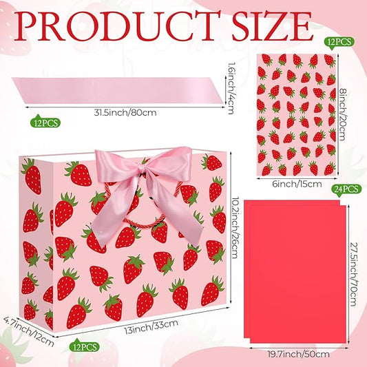 Maitys 12 Pack 13" Large Strawberry Gift Bag with Handle, Tissue Papers, Ribbons and Greeting Card Pink Strawberry Paper Bags Bulk for Berry Sweet Baby Shower Birthday Party Decorations Supplies