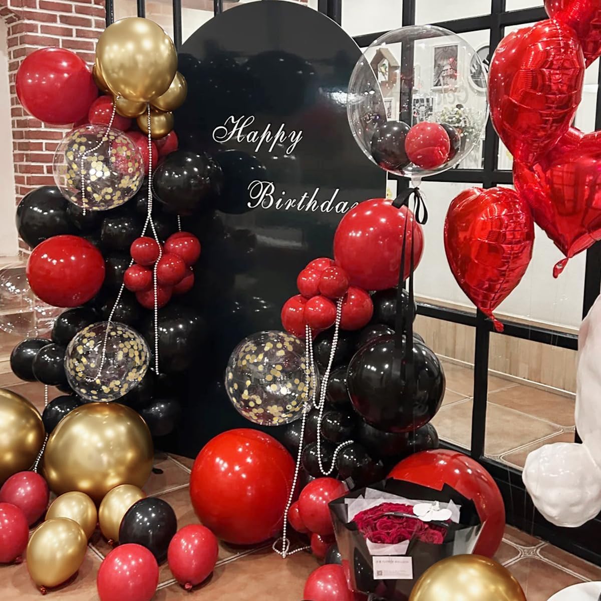 Red Black Gold Balloons Arch Kit with Gold Confetti, 166Pcs Red Gold Black Balloons Garland for Birthday Wedding Anniversary Movie Casino Night Hollywood New Years Festival Decorations