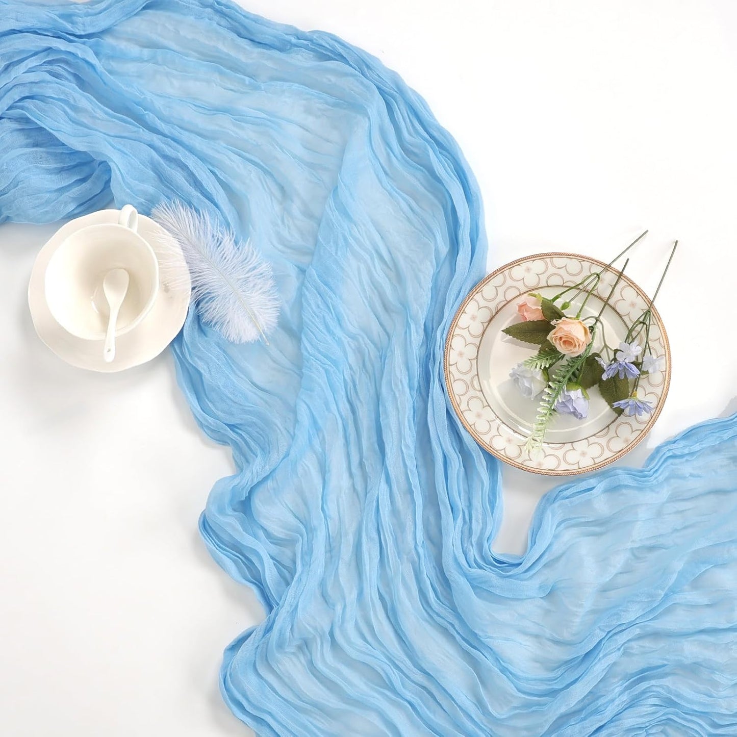 12 Pack Baby Blue Cheesecloth Table Runner 10ft Boho Gauze Fabric Cheese Cloth Table Runner 35 x 120 Inch Rustic Sheer for Romantic Wedding Decor Baby Shower Party Table Centerpiece Decoration