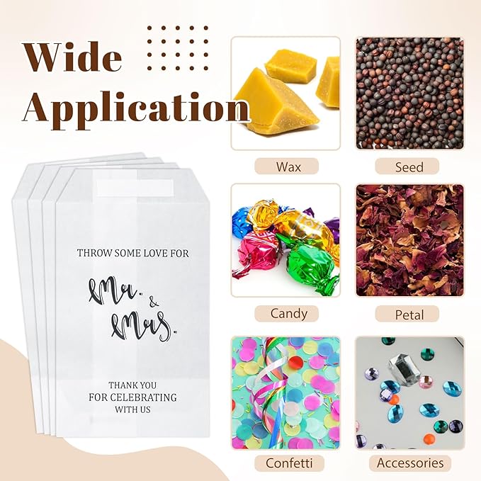 100 Pcs Wedding Confetti Bags, 2.8" x 5" Throw Flower Petal Packets Semi-transparent Glassine Waxed Paper Treat Bags for Wedding Toss, Party Decor(Mr. & Ms.)