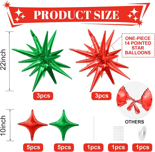 Red Green Star Balloons,Explosion Star Balloons Kit with 6Pcs 22Inch Cone Star Foil Balloons and 10Pcs 10Inch Four Pointed Star Balloons for Christmas Birthday Anniversary Party Decorations