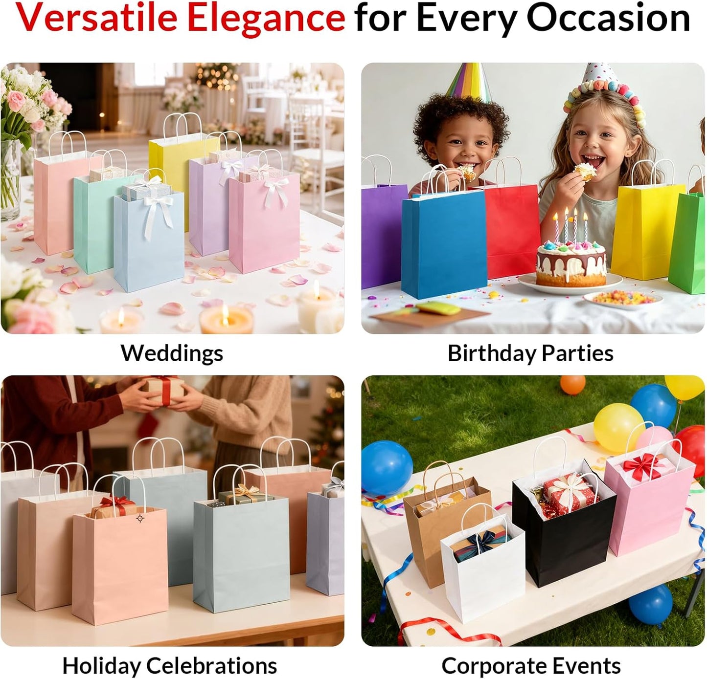 SUNEE Gift Bags with Handles 8x4.3x10.7, 100 Pcs Paper Gift Bags Medium Size Bulk, Bright Color for Wedding, Birthday, Party Supplies and Celebrations