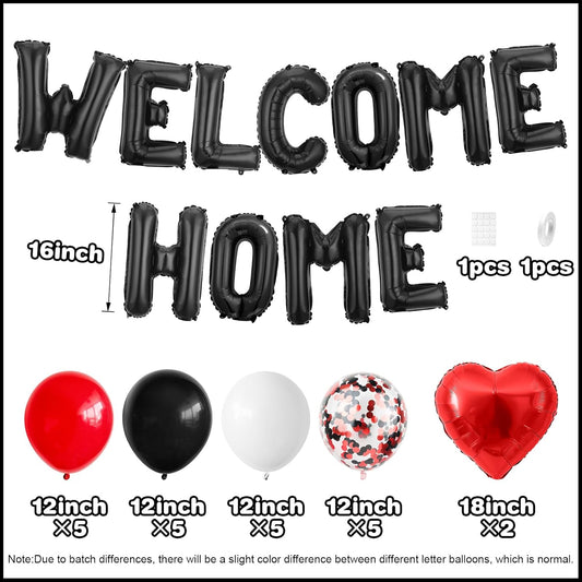 Welcome Home Decorations Black Red,Welcome Home Foil Balloon Banner with Confetti Balloons,Red Heart Balloons for Housewarming Baby Shower Home Family Party Supplies