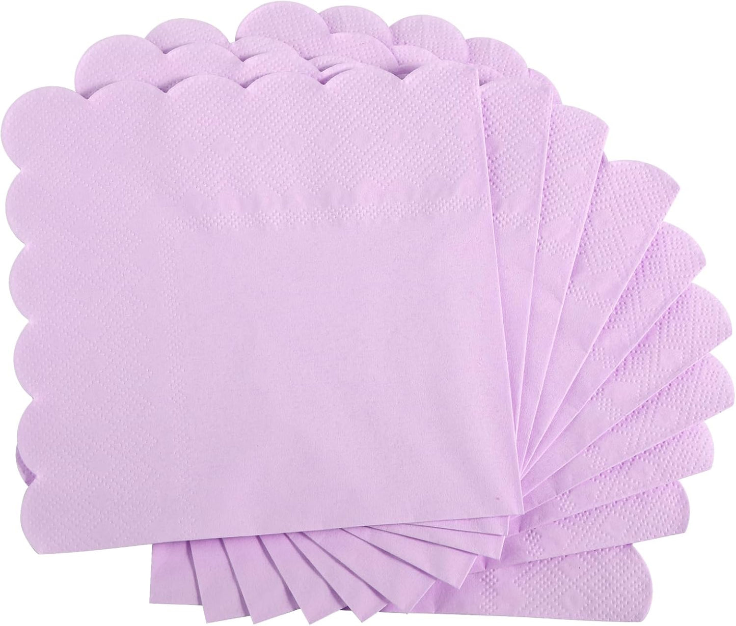 100 Pcs Cocktail Napkins, 2-Ply 5 x 5 Inches Disposable Scalloped Napkins, Thick Premium Dessert Napkins for Party, Wedding, Dinner, Birthday, Anniversary, Festival (Light Purple)