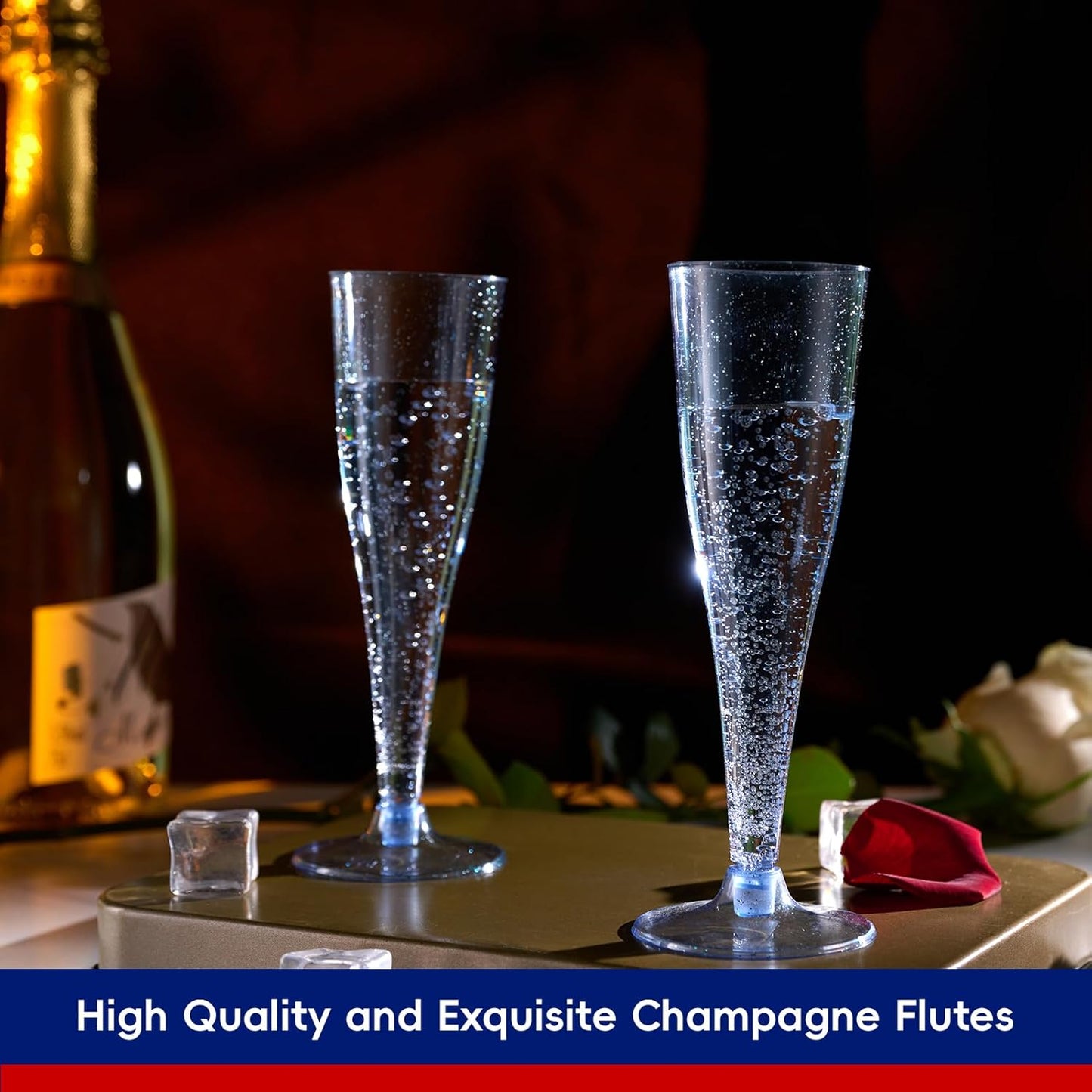 JOLLY CHEF 100 Pack Plastic Champagne Flutes Disposable 4.5 oz Blue Glitter Plastic Champagne Glasses Suitable for Wedding, Thanksgiving Day, Christmas