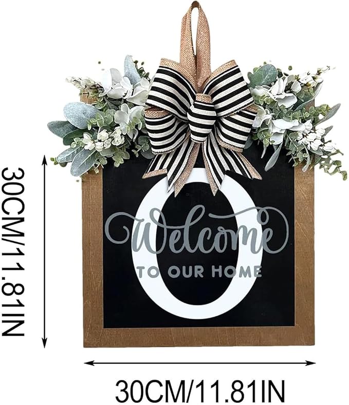 Last Name Year Round Front Door Wreath Front Porch Decoration 26 Letter Welcome Sign with Eucalyptus Garland and Bow Spring Wreaths for Front Door Outside Hanger Garland(O)