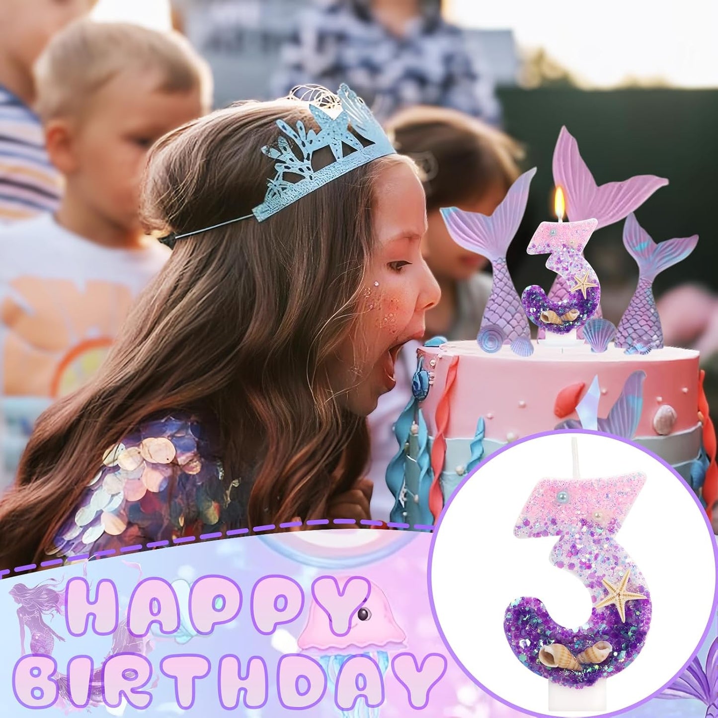 Purple Mermaid Party Number 3 Cake Candles, 2.76 inch Birthday Candle, Cake Topper Decoration for Birthday Party (Number 3)