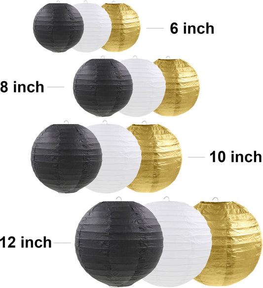 12 Pcs Black Gold White Paper Lanterns Black Gold Hanging Paper Lanterns for New Year Wedding Graduation Anniversary Birthday Party Home Graden Decor