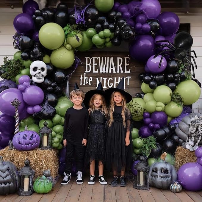 Green Purple Black Balloons Double Stuffed, Halloween Balloon Arch Garland Kit in Dark Purple Dusty Olive Green Color with Black Long Latex for Halloween Birthday Baby Shower Boo Spooky Party Decor