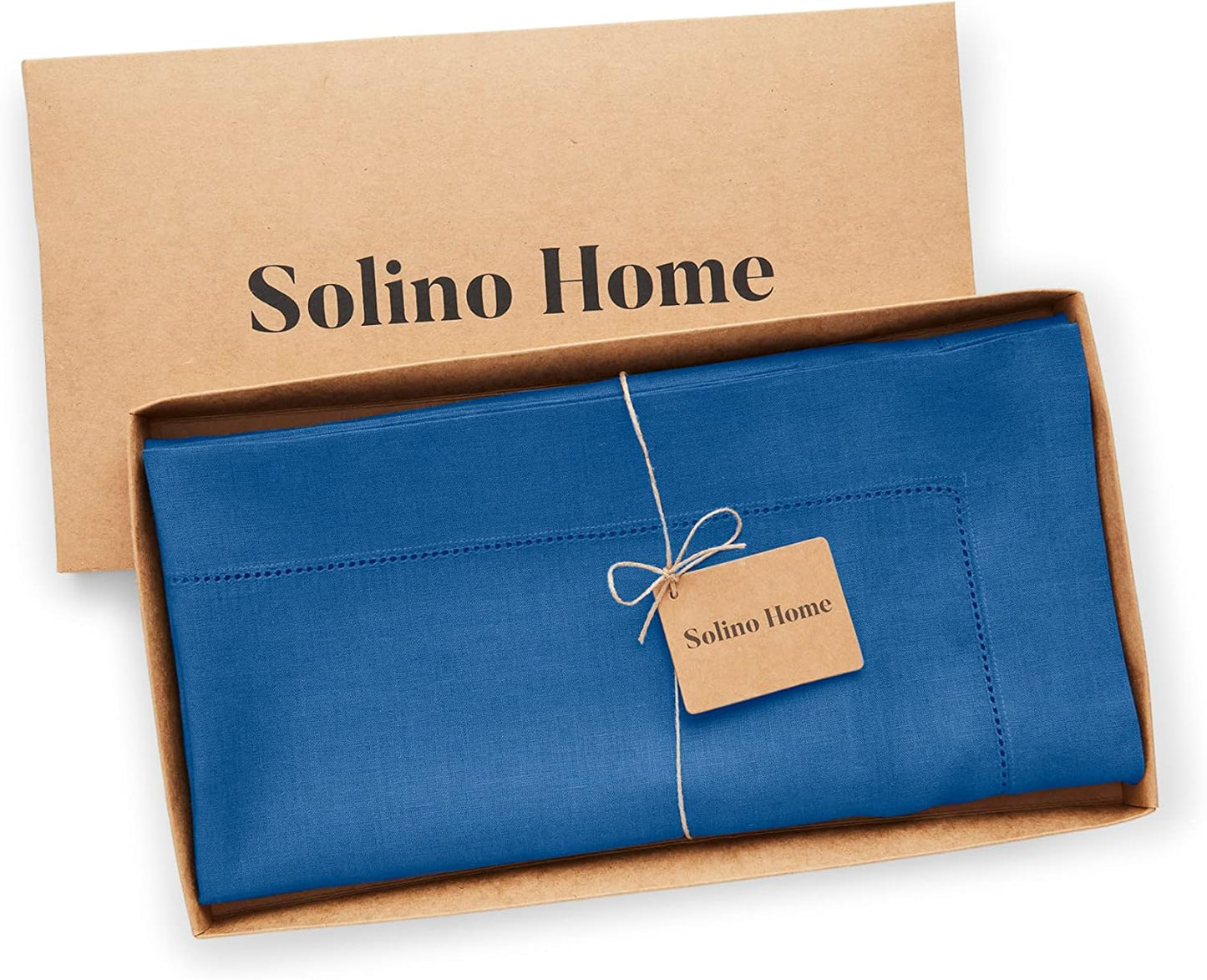 Solino Home Linen Square Tablecloth 52 x 52 Inch - 100% Pure Linen Indigo Blue Table Throw - Classic Hemstitch, Machine Washable Table Cloth for Fall, Autumn, Christmas