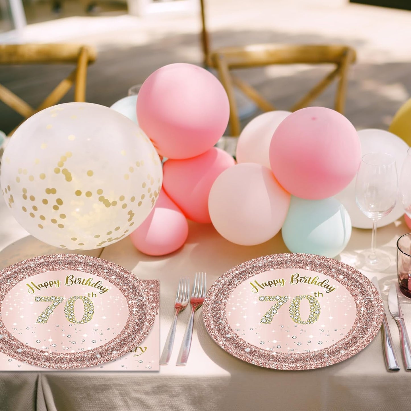 70th Birthday Decorations, Rose Gold Birthday Party Supplies Include 20Pcs Plates 20Pcs Napkins Sweet Seventy Year Old Party Tableware for Girl Ladies Women