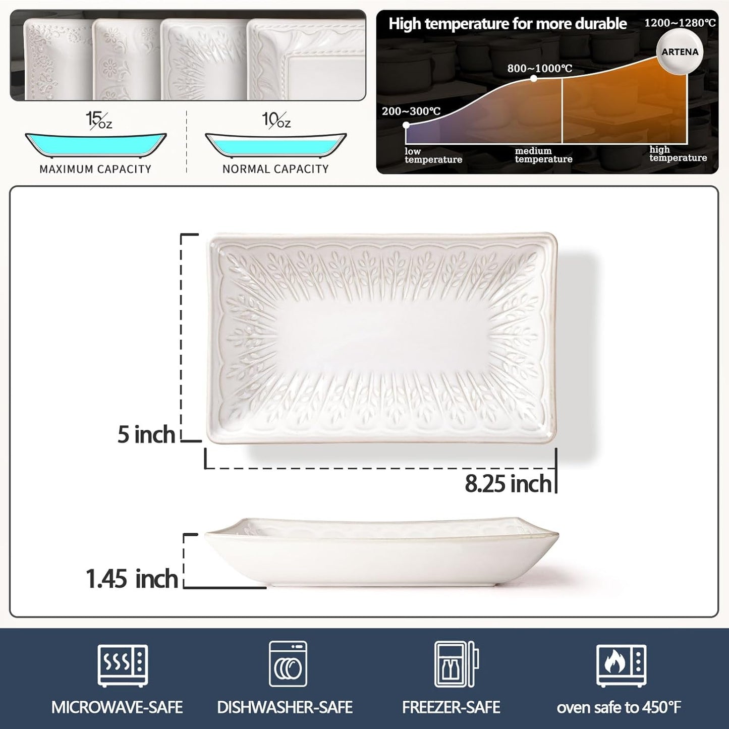 Artena Ceramic 8.25 Inch Rectangle Salad Plates Set of 4 - Deep Plates for Appetizer, Dessert, Dinner, Sushi, Snack, Pasta, Serving - Microwave Safe with Embossed Rim Design (Wheat Leaf)