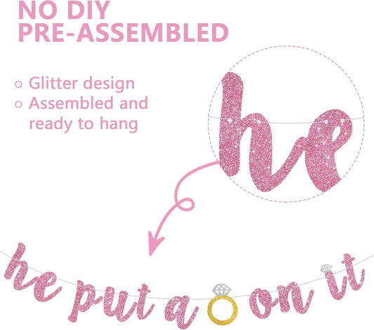 Glitter Pink He Put A Ring On It Banner Pre-Strung Engagement Decorations Bridal Wedding Party Backdrop Sign Garland Bachelorette Party Supplies,NO DIY