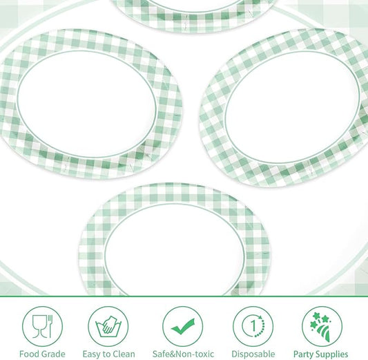 Grencian 50 Pcs Gingham Party Supplies 10"x12" Large Sage Green Gingham Oval Plates Disposable Heavy Duty Green and White Checkered Plaid Paper Plates for Baby Shower Picnic BBQ Birthday Wedding Bride