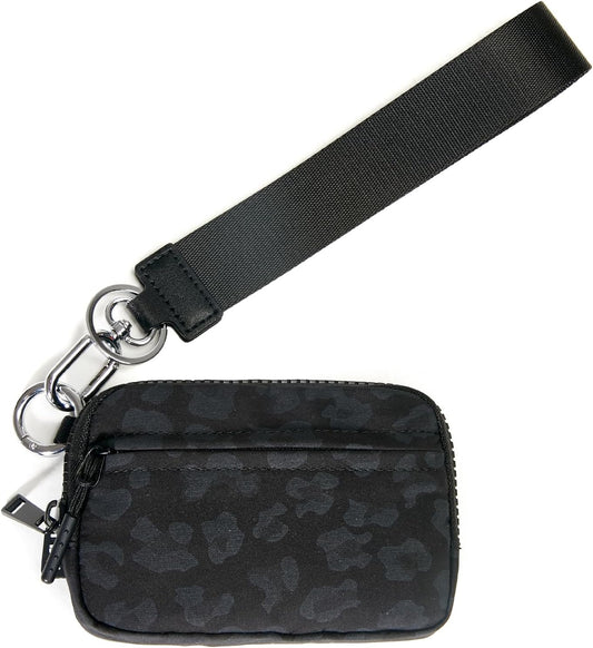 Keychain Wallet for Women Mini Zip Card Holder with ID Window Coin Purse Detachable Wristlet Small Wallets Black Leopard