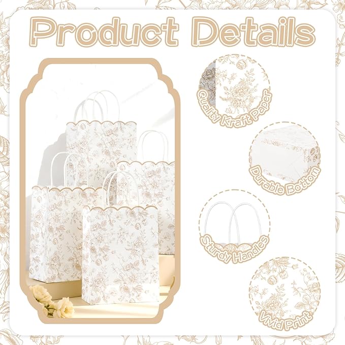 Kolldenn 24 Pcs Beige Floral Party Favor Bags with Handles Scalloped Wildflower Goodie Candy Gift Treat Bags for Birthday Decoration for Bridal Baby Shower Party Supplies