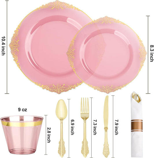 350 PCS Burgundy and Gold Plastic Plates, Disposable Dinnerware Set for 50 Guests, 100 Disposable Plates, 150 Silverwares, 50 Cups, 50 Napkins for Wedding, Party, Graduation
