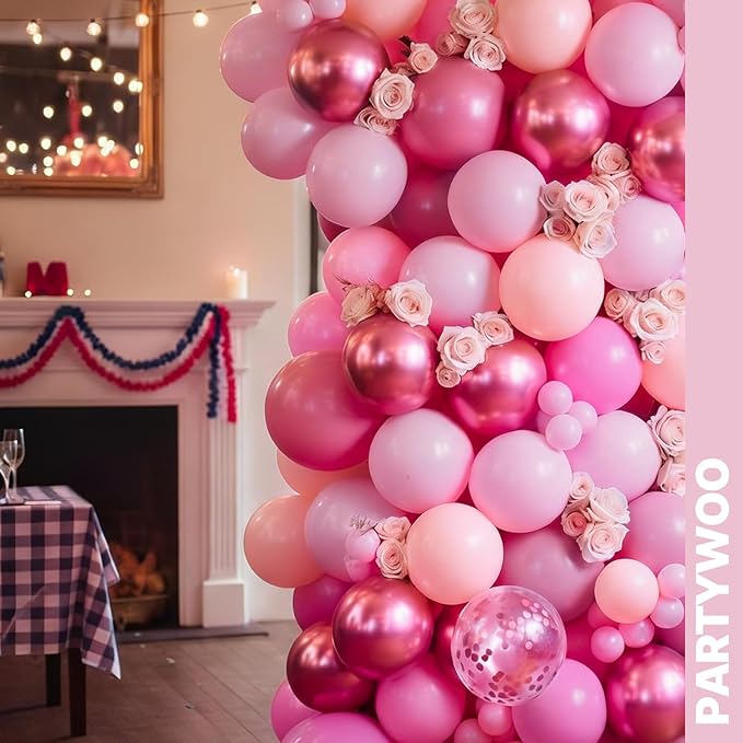 PartyWoo Pink and Gold Balloons 65pcs 12 Inch Metallic Gold Pearl Matte Hot Light Pastel Pink Confetti Balloons for Gender Reveal Baby Shower Bridal Shower Princess Birthday Party Decorations
