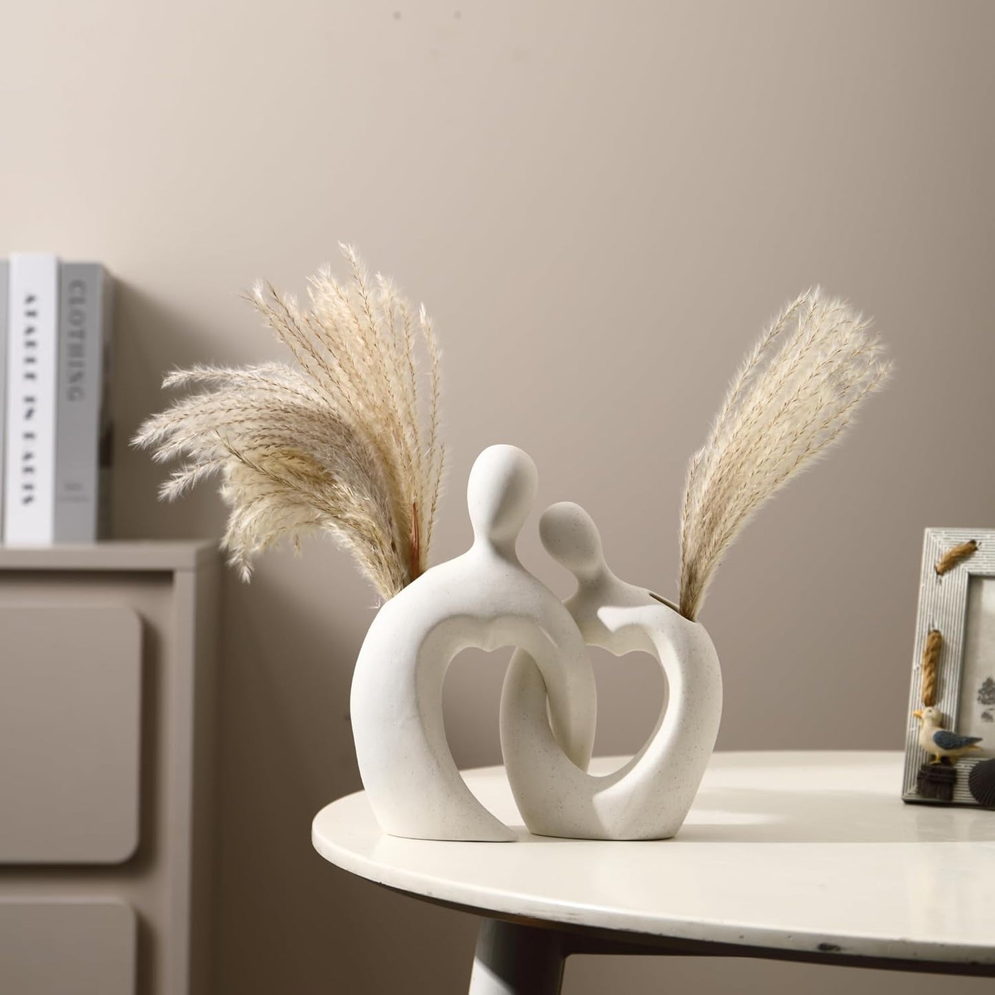 White Ceramic Vases, Modern Flower Vase Set of 2, Ceramic Decorative Vase for Flowers, Boho White Vases Home Decor for Living Room, Bedroom, Shelf, Office, Table, Wedding, Gift