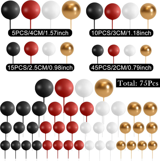 75 Pieces Cake Balls Topper Decorations Foam Cupcake Topper Mini Balloon Cake Topper Picks for Deco Birthday Party Wedding(Black, Red, Gold, White)