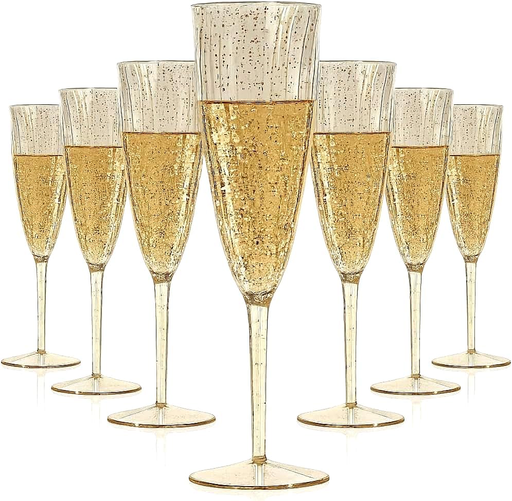 Oojami 6 Oz Gold Glitter Plastic Champagne Glasses 24 Pack Hard Disposable Plastic Champagne Flute Ideal for Home Daily Life Party Wedding Toasting Drinking Champagne Reusable Party Supplies
