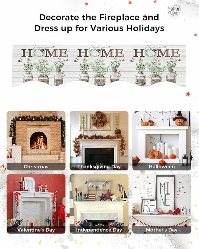 Eucalyptus Leaves Fireplace Mantel Scarf Table Runner, Farmhouse Botanical Plants Wooden Grain Winter Garland Mantel Top Tablerunners Dresser Scarves Decor for Windows Party Living Room 70''x17''