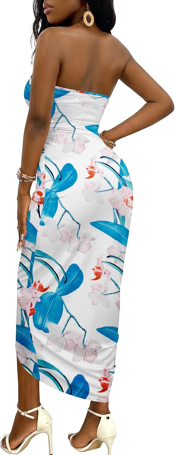 Umenlele Women's Strapless Ruched High Waist Wrap Split Asymmetrical Beach Maxi Long Dress