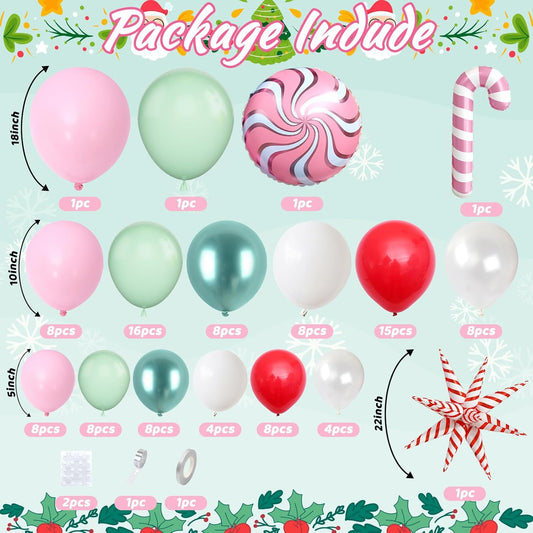 Christmas Balloon Arch, Pink Green Balloon Arch Kit, Pink White Green Red Balloons Candy Foil Star Sweet Canes Balloons For Christmas Theme Birthday Baby Shower Party Wedding Holiday Celebrations