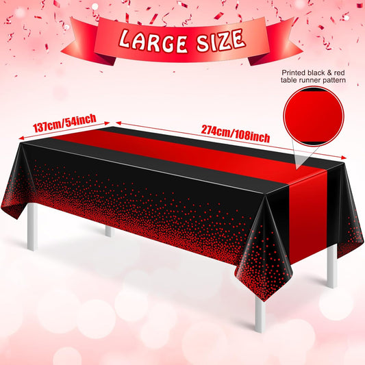 MASHAN 3Pcs Black and Red Tablecloth Party Decorations,Plastic Black Table Cloth Printed Red Table Runner Disposable Rectangle Cover for Birthday Weeding Anniversary Graduation Party,54 x108 Inch