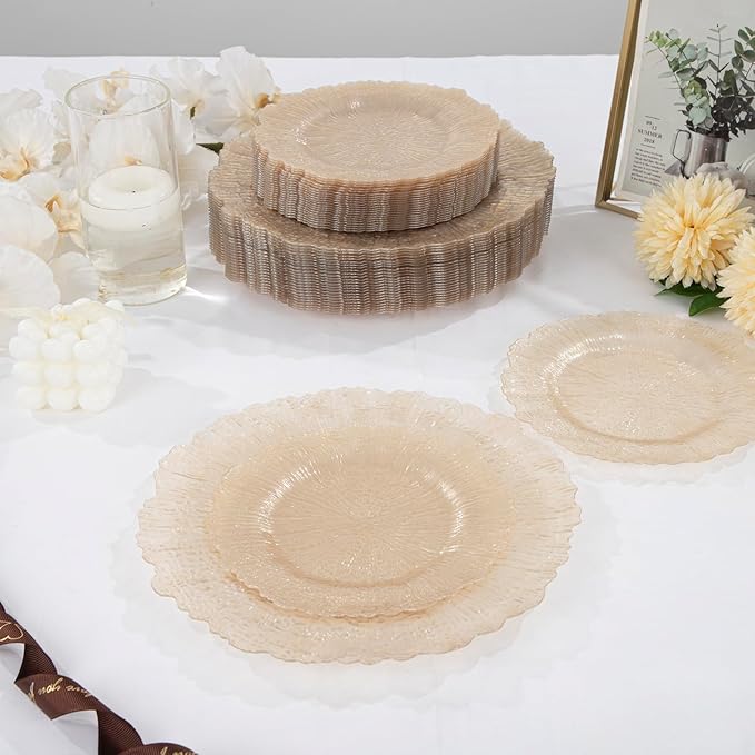 U-QE 60PCS Clear Coffee Plastic Plates - Clear Brown Plastic Plates Disposable Heavy Duty - Disposable Plates for Party Including 30PCS 10'' Dinner & 30PCS 7'' Dessert