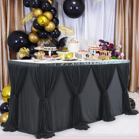 6ft Black Table Skirt for Birthday Party Ruffle Tutu Table Skirt Tulle Tablecloth for Graduation Baby Shower Wedding Black Gold Theme Party Dessert Buffet Banquet Decorations
