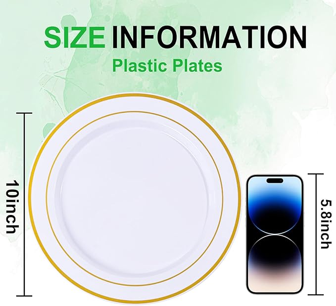 100PCS Gold Plastic Plates, 10 Inch Plates Disposable Dinner Plate Party with Gold Rim, Heavy Duty Disposable Plastic Plate for Party, Wedding and Birthday