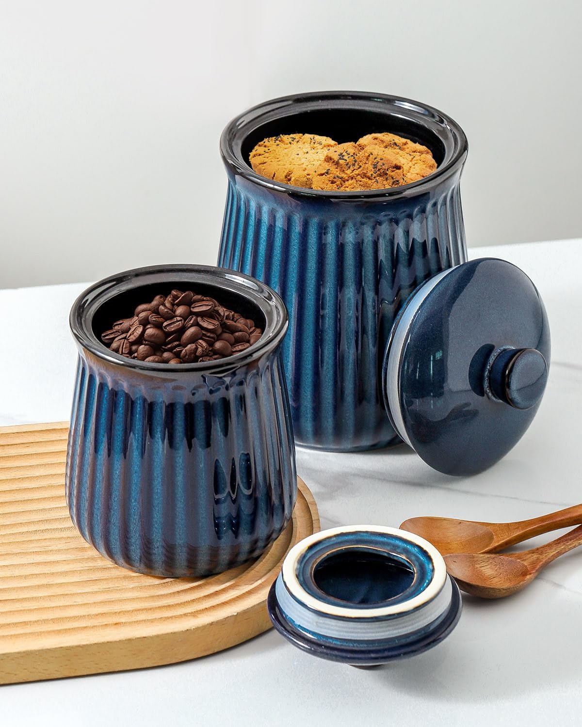 Hasense Ceramic Storage Containers, 35 oz Coffee Canister with Airtight Lids, Porcelain Food Storage Jar, Kitchen Storage Container for Countertop, Flour and Sugar Containers for Cookie, Candy, Blue
