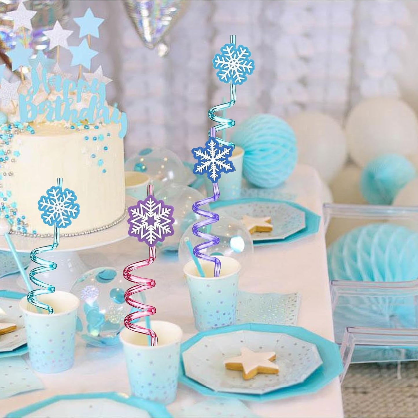 24 PCS Frozen Plastic Straws for Birthday Party Supplies Snowflake Shape Drinking Straws with 2 PCS Cleaning Brushes (Frozen Blue)